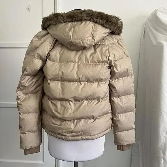 Y2K Vintage Juicy Couture Tan Puffer Jacket Faux Fur Hood Glam Winter Coat Small - Picture 7 of 9